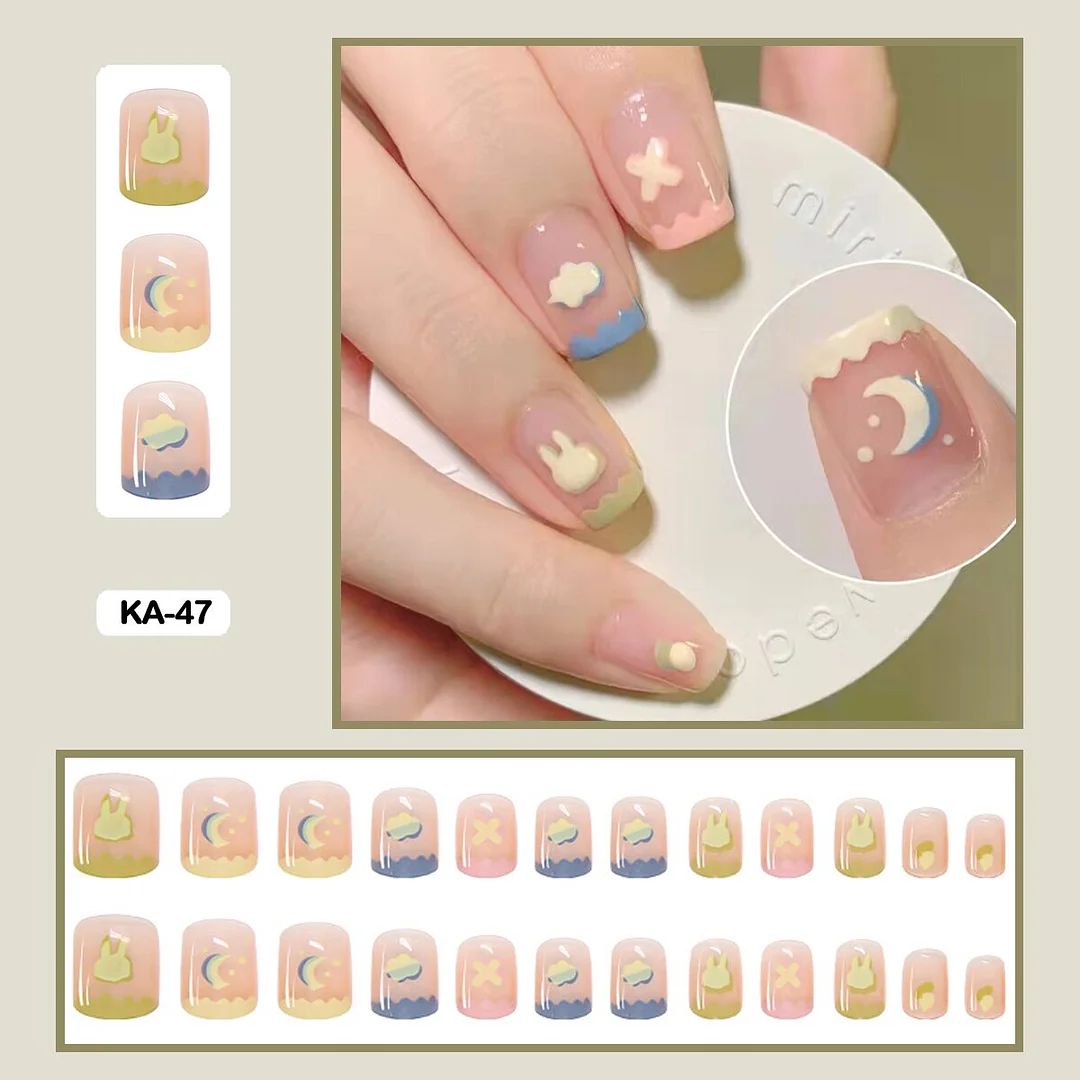 24pcs/box Lovely Cute Flower Fairy Style Fake Nails  Full Cover Nails Long Nail With Glue  Presson Nails Packaging Wearable Nail-Nail Inspo