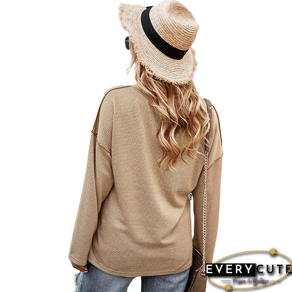 Khaki Button V Neck Drop Shoulder Sweater