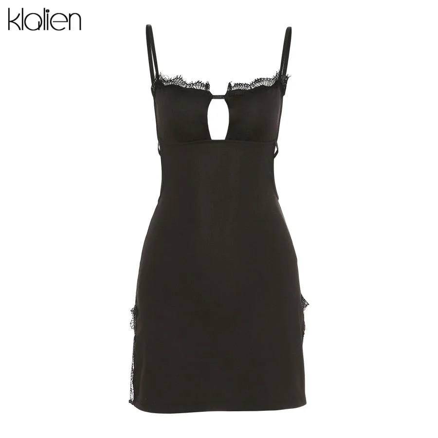 KLALIEN Fashion Sexy Hollow Out Halter Black Lace Up Slim Mini Dress Women Summer New Casual Club Street Beach Bodycon Dresses