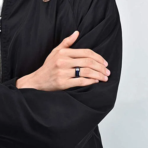 Black With Rose Gold Watch Gear Resin Inlay Design Over Blue Carbon Fiber Tungsten Rings For 6MM 8MM