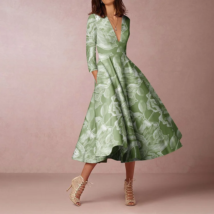 Vefave Elegant and Fresh Printed V Neck Midi Dress