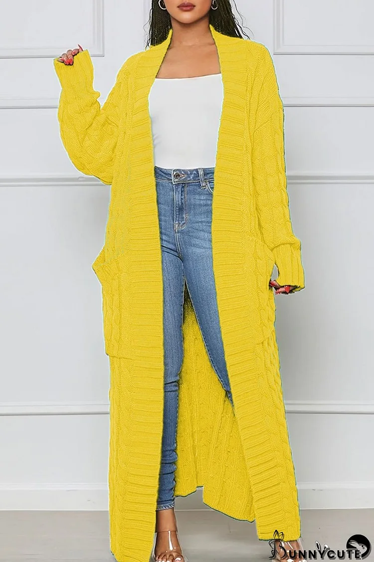 Yellow Casual Street Solid Slit Cardigan Weave Outerwear