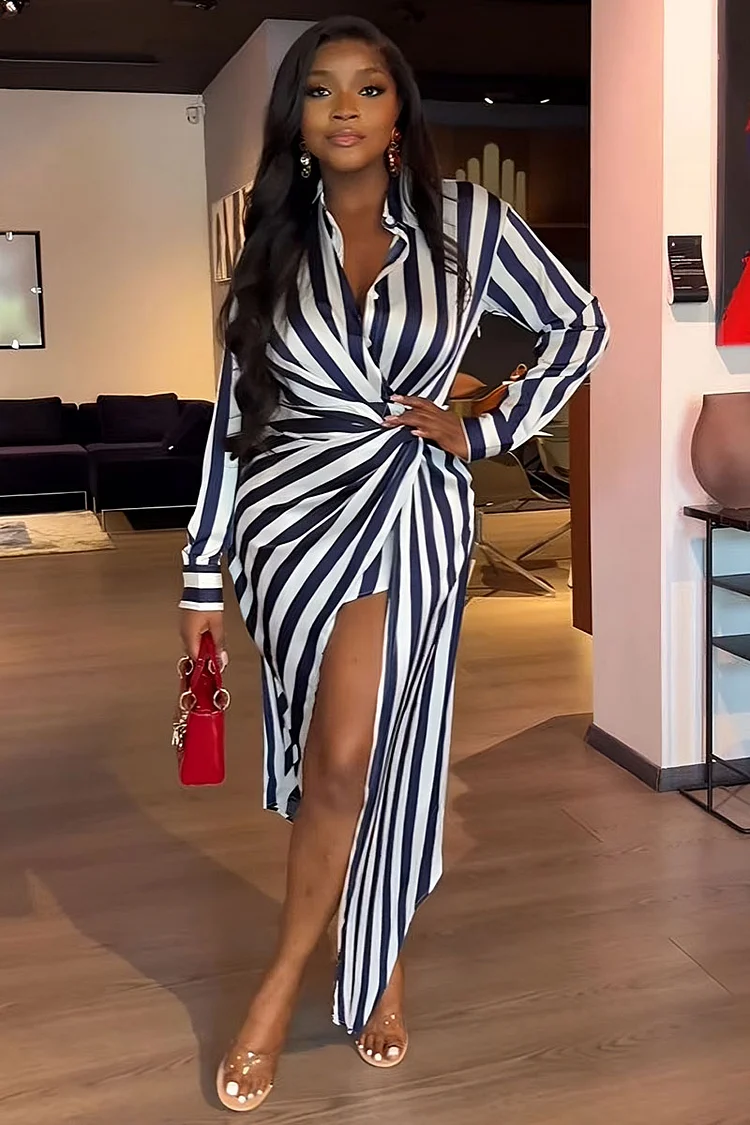 Striped Ruched Wrapped Slit Hem Vacation Blouse Maxi Dress [Pre Order]
