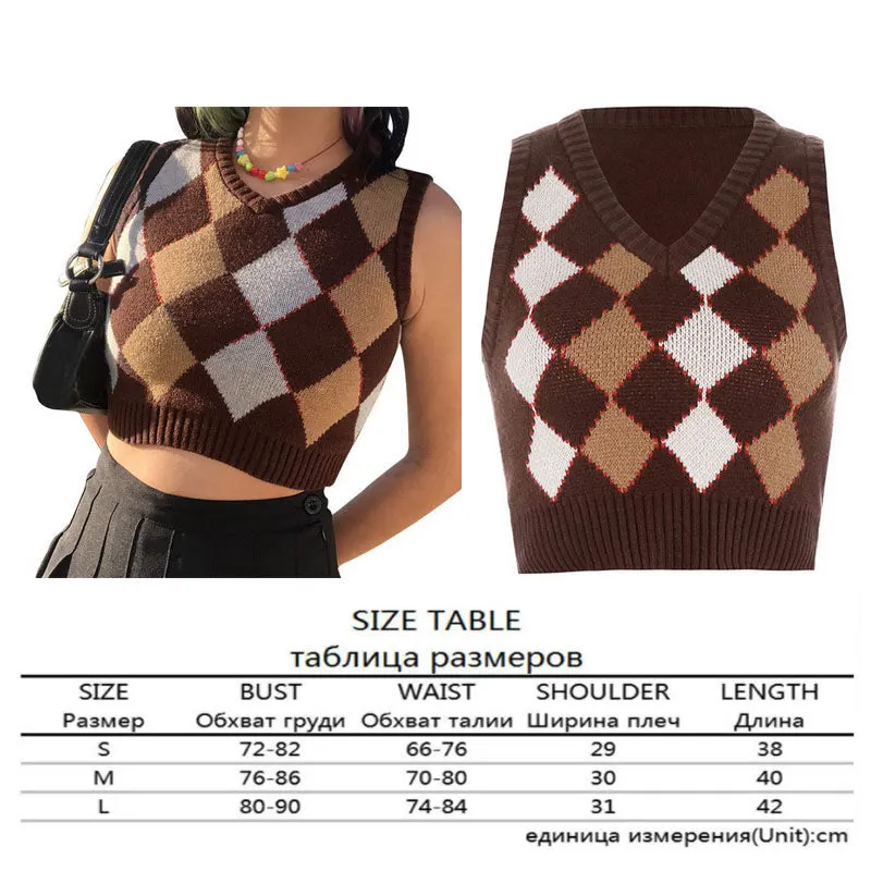 Argyle Sweater Vest Women  Black Sleeveless Plaid Knitted Crop Sweaters Casual Autumn Preppy Style 2020 tops V Neck Vintage