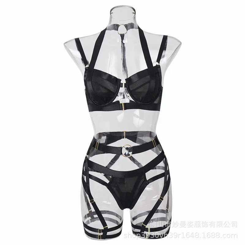 MIRABELLE Gothic Lingerie Sexy Cut Out Bra and Panty Sets Sensual Bandage Erotic Underwear Garters 3-Piece Push Up Brief Sets