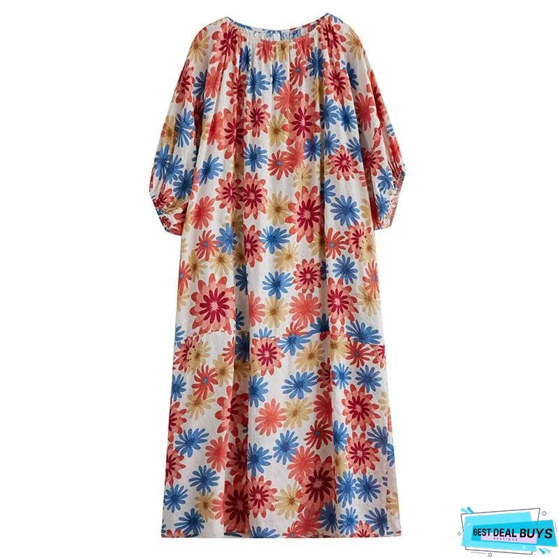 Women Casual Summer Retro Floral Print Dress Half Sleeve