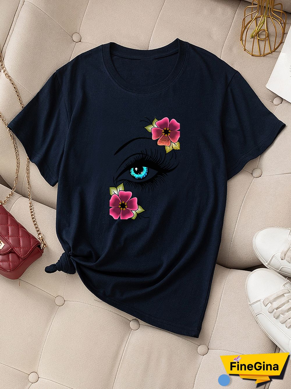 Casual Summer Daily T-shirt Women 100% Cotton Short Sleeve Rose Eye Print Female Graphic Fashion T Shirt Ladies O-Neck Tees Tops