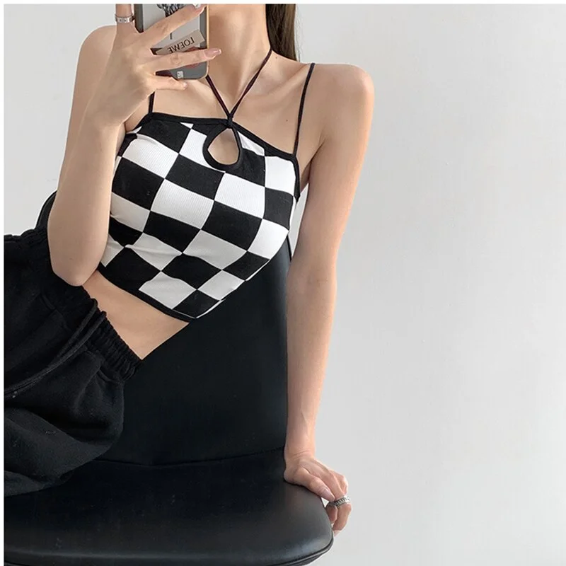 European and American Retro Chessboard Plaid Spicy Girl Lace Up Tank Top Women's 2023 Summer New Sexy Hollow Knitted Strap Top