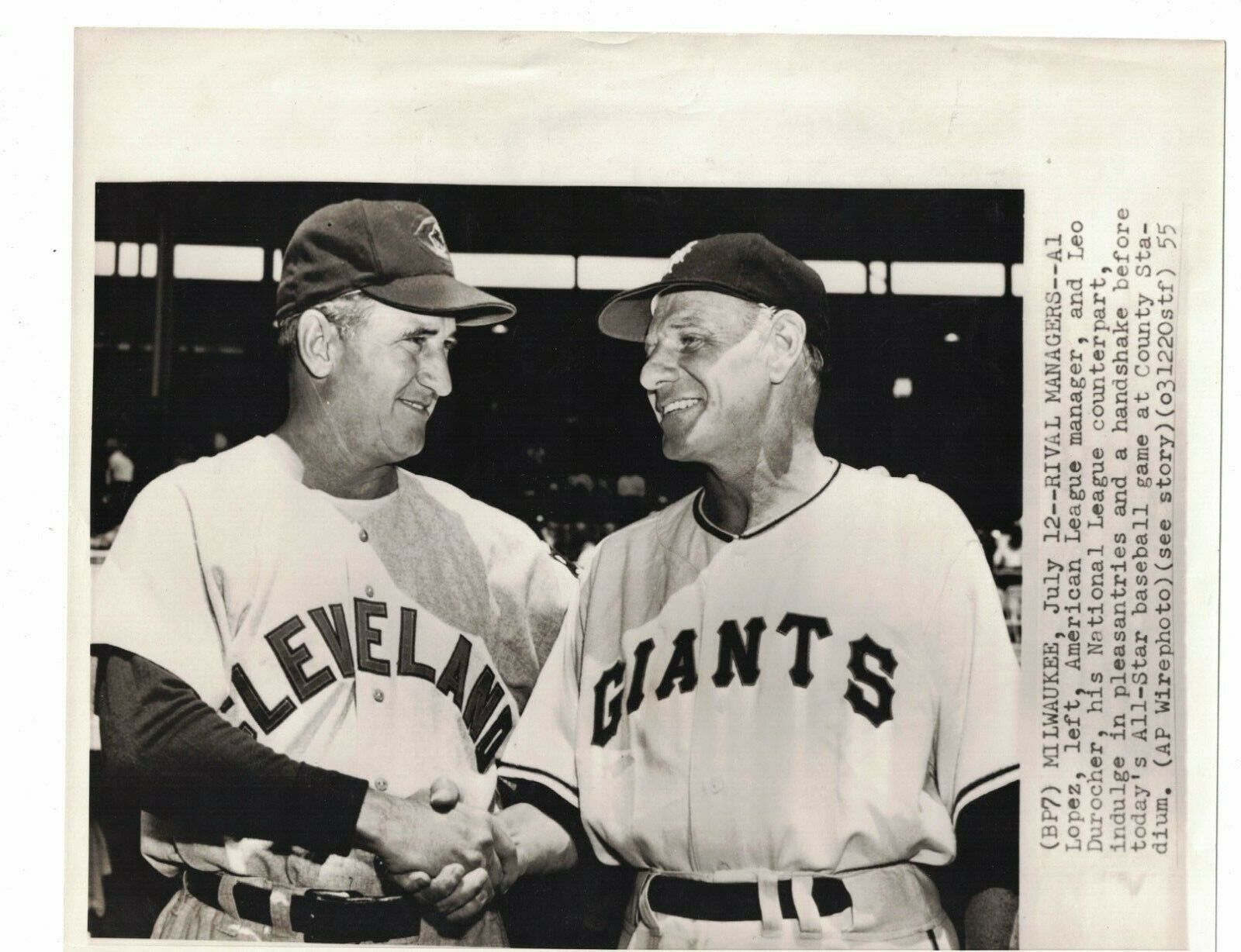 1955 Al Lopez Indians Leo Durocher Giants 8x10 AP Wire Photo Poster painting AO113