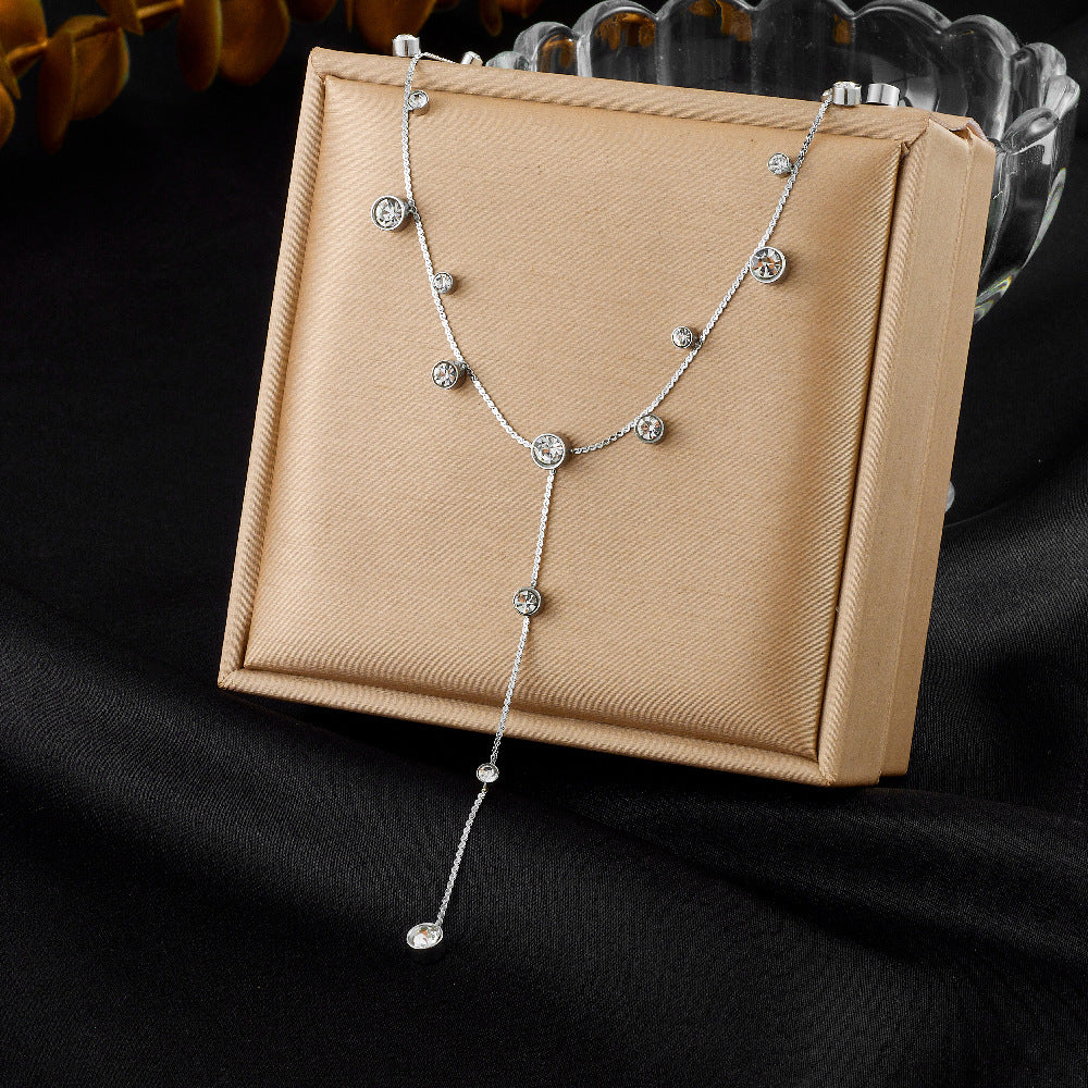 Small Design Versatile Simple Stainless Steel Diamond-Studded Love Disc Accessories Y-Shaped Long Tassel Necklace