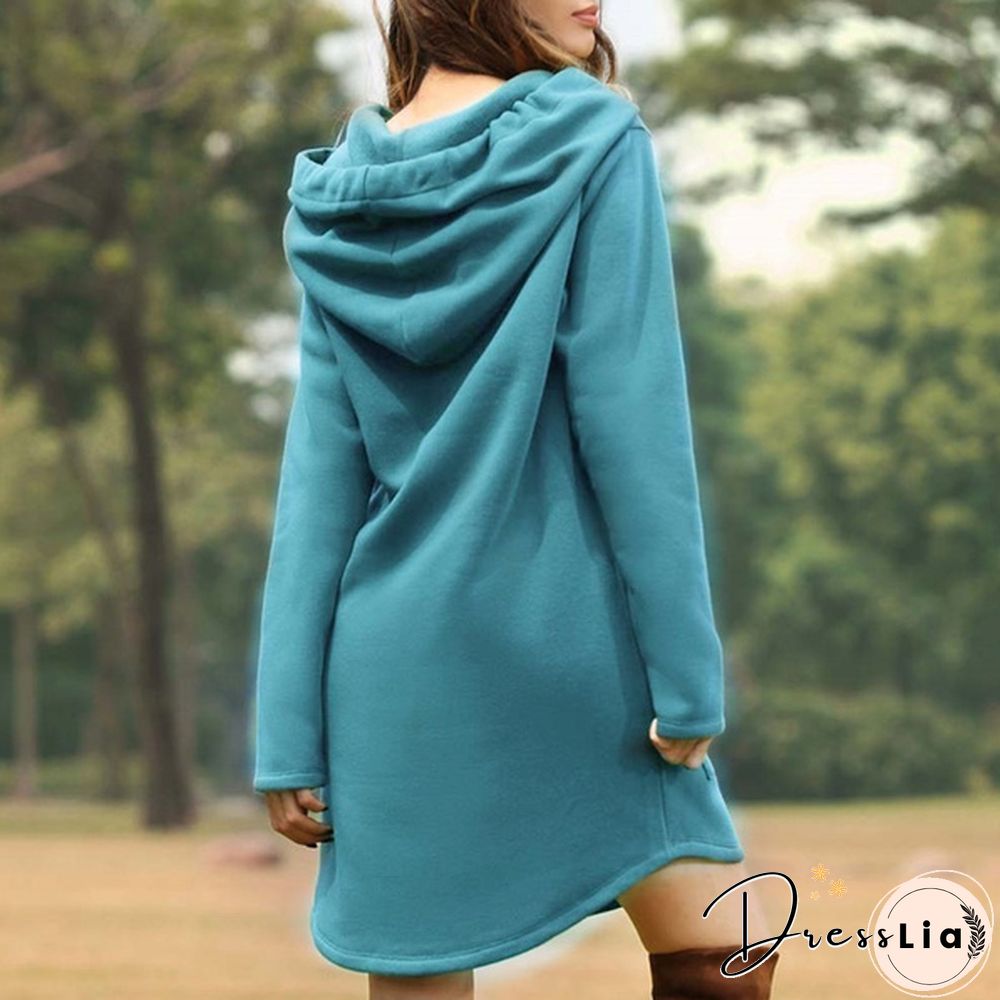 Womens Plus Size Solid Color Long Sleeve Loose Pocket Drawstring Hoodies Dress