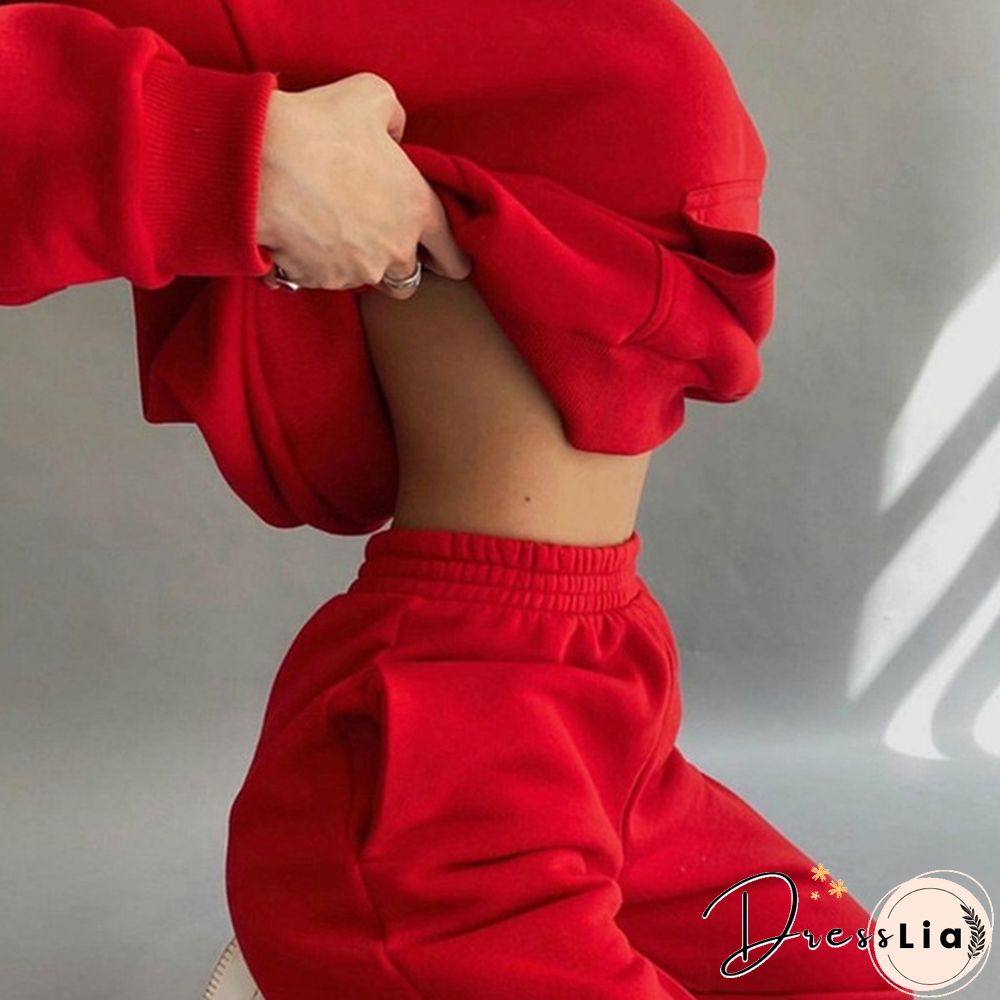 Women Hoodies Two Piece Set Long Sleeve Solid Casual Pocket Sweater Suit Spring Elastic Sport Pants Female Tracksuit