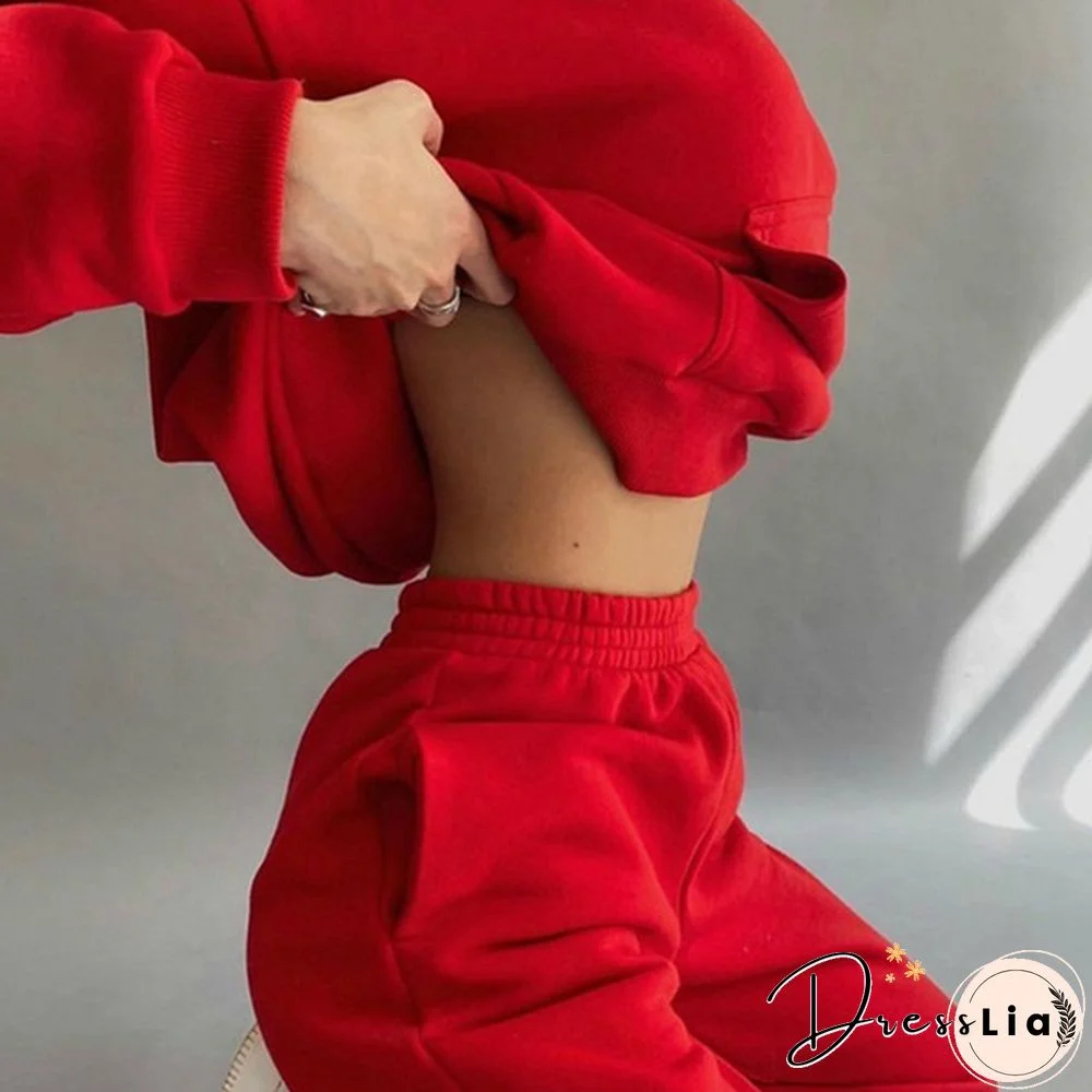 Women Hoodies Two Piece Set Long Sleeve Solid Casual Pocket Sweater Suit Spring Elastic Sport Pants Female Tracksuit