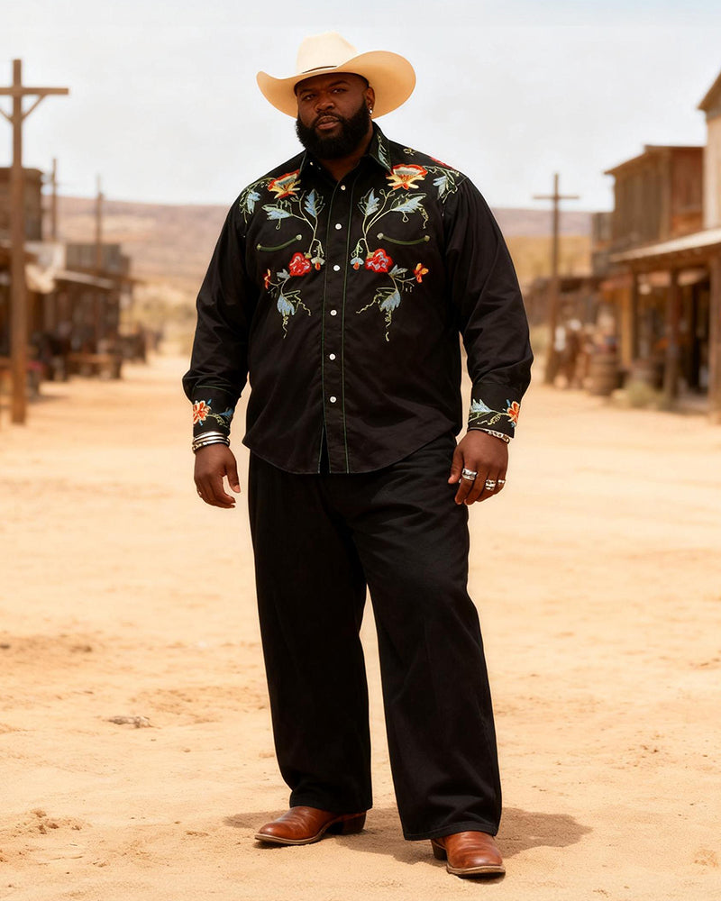Big & Tall Men's Western Black Floral Print Long Sleeve Shirt Pants Set