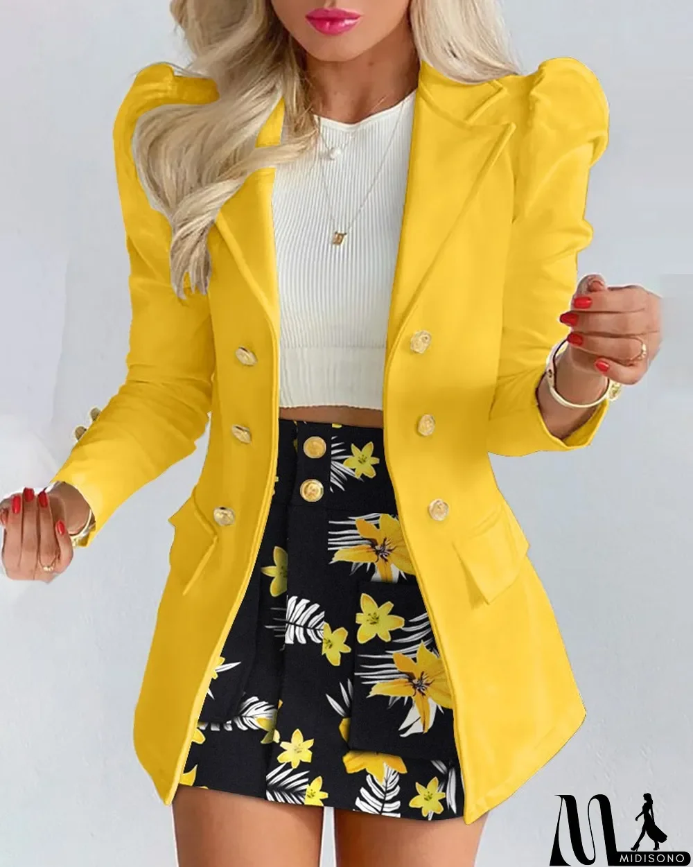 MidiSono - Women Spring Yellow Formal Turn-down Collar Full Sleeves Solid Button Two Piece Blazer and Floral Shorts Suits