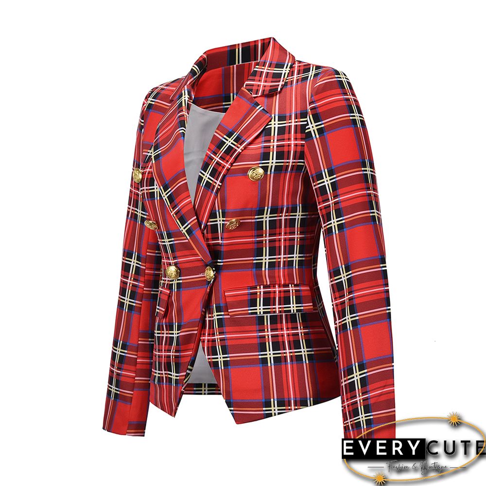 Red Plaid Print Casual Blazer Top