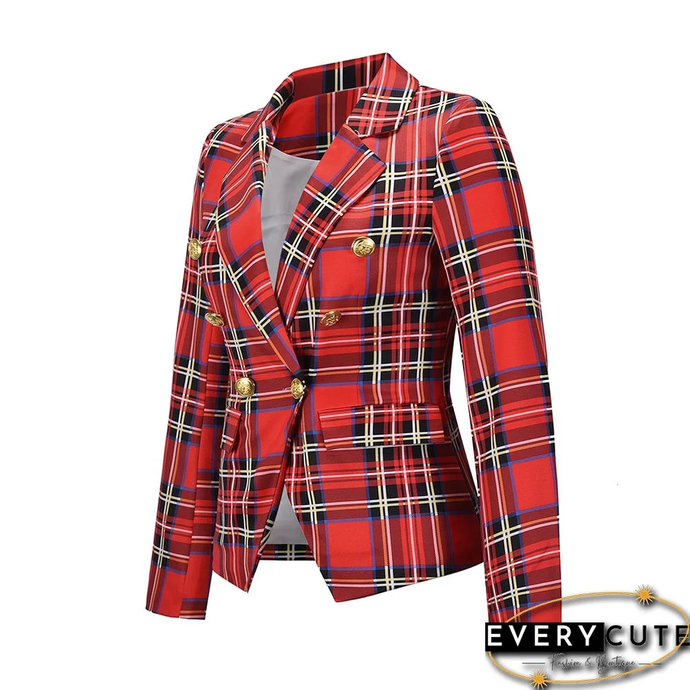 Red Plaid Print Casual Blazer Top