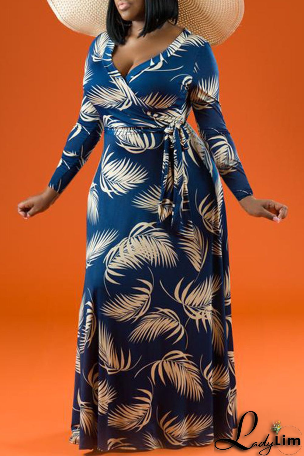 Tangerine Casual Print Patchwork V Neck Straight Plus Size Dresses