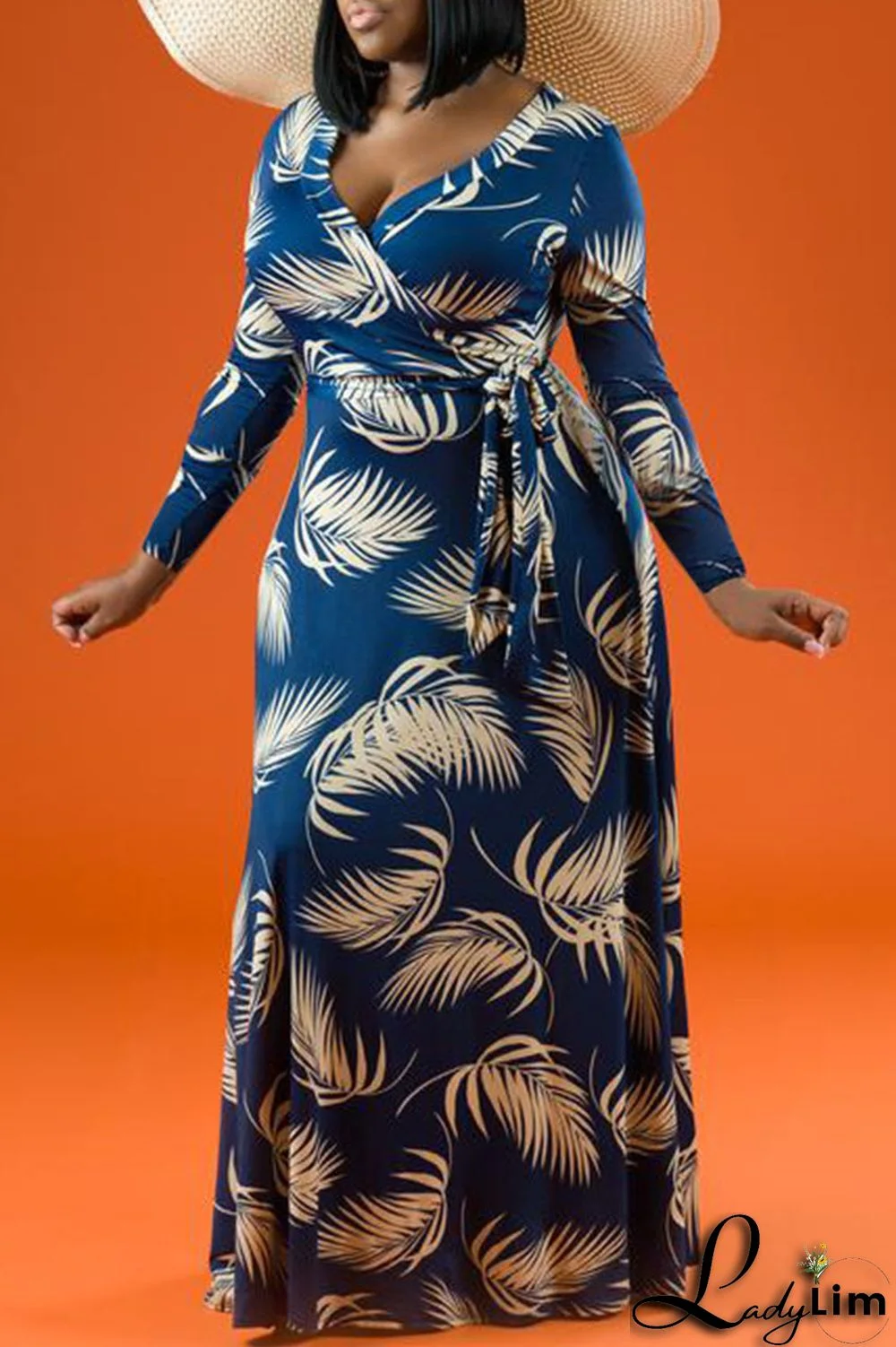 Tangerine Casual Print Patchwork V Neck Straight Plus Size Dresses