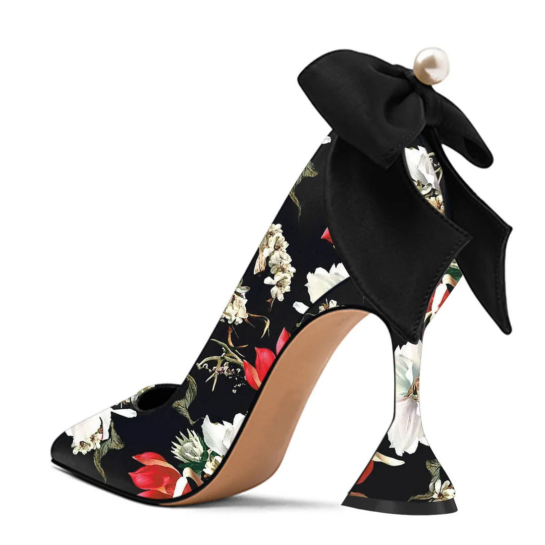 Multicolor Flower Pearl Bow Pointed Toe Flared Heel Pumps for Women
