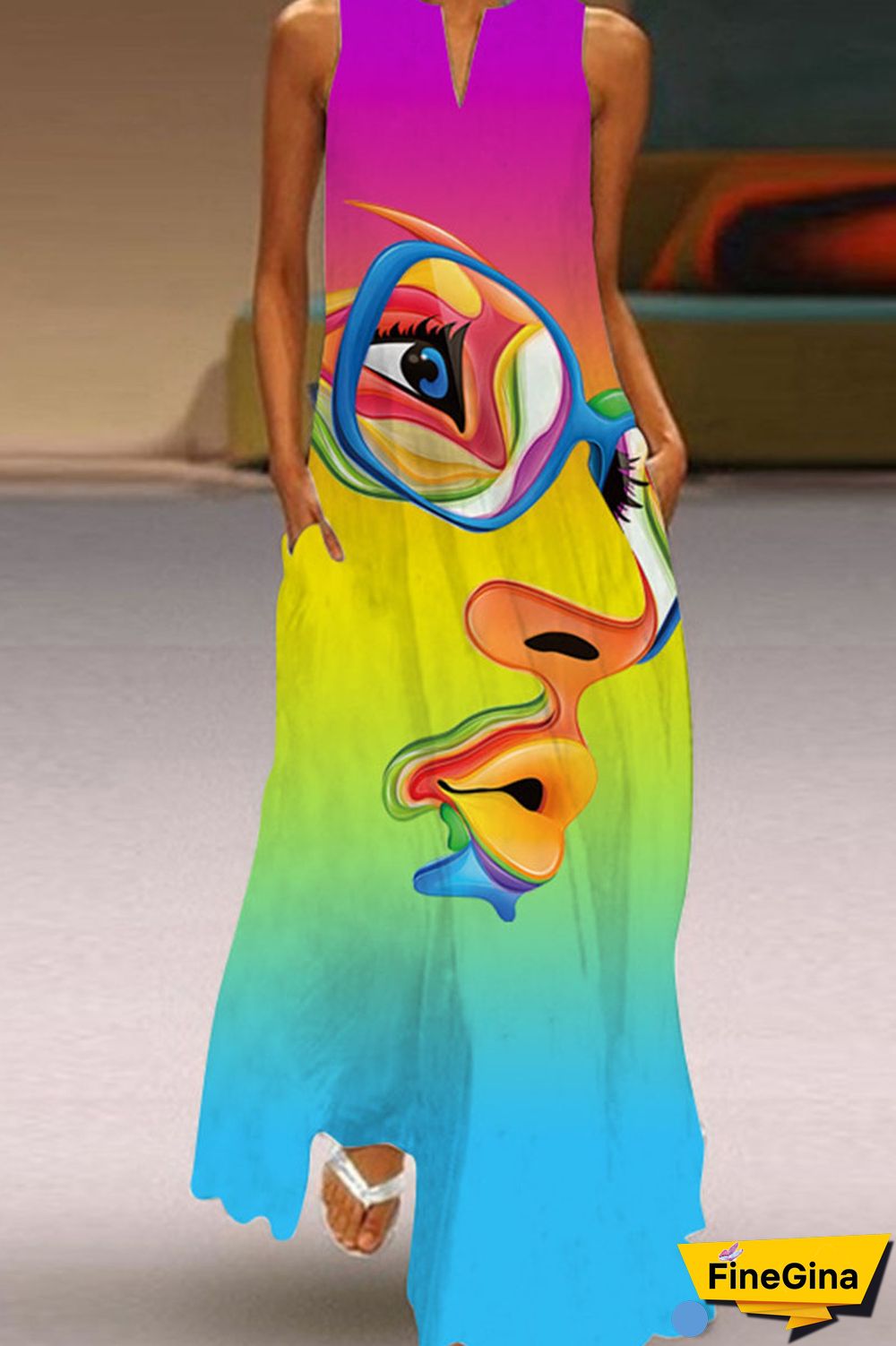 Yellow And Blue Casual Elegant Print Patchwork V Neck A Line Dresses