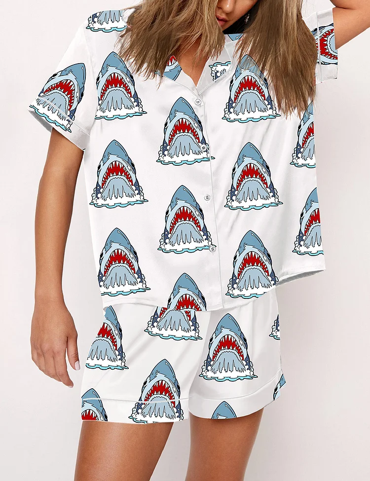Women's Retro Shark Movie Short Sleeve Satin Pajama Set