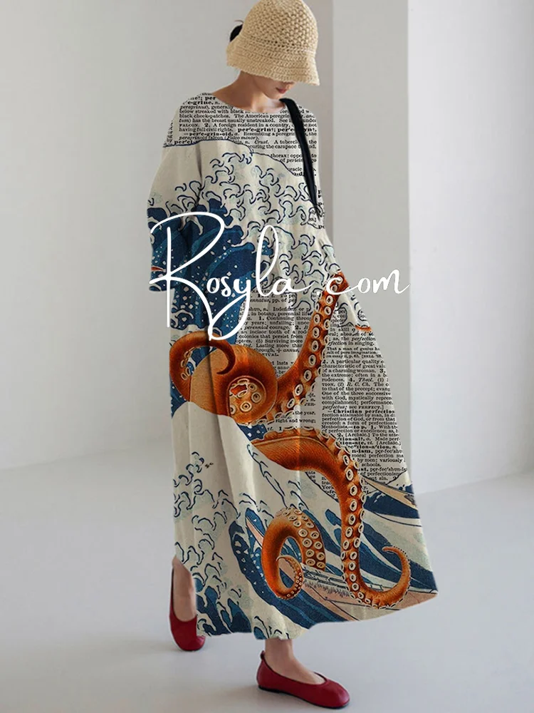 Women's Casual Janpanese Octopus Print Long Sleeve Midi Dress