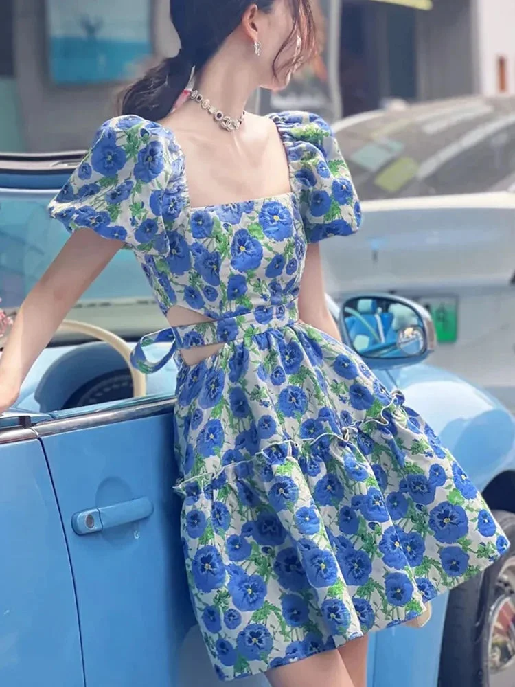 Oocharger Summer High Waist Women Dress Fashion Blue Floral Print Puff Short Sleeve Designed Sexy Hollow Out Mini Dress