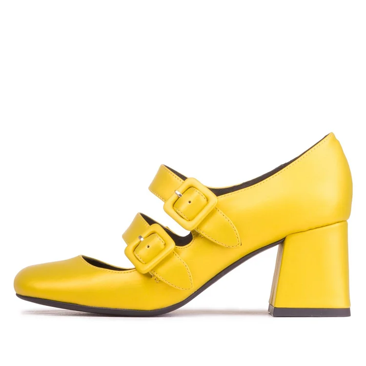 Yellow Double Buckle Square Toe Mary Jane Block Heel Shoes Vdcoo