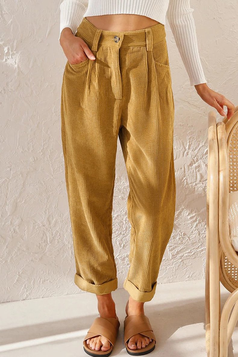 New women's high waist casual pants solid color corduroy loose straight trousers women