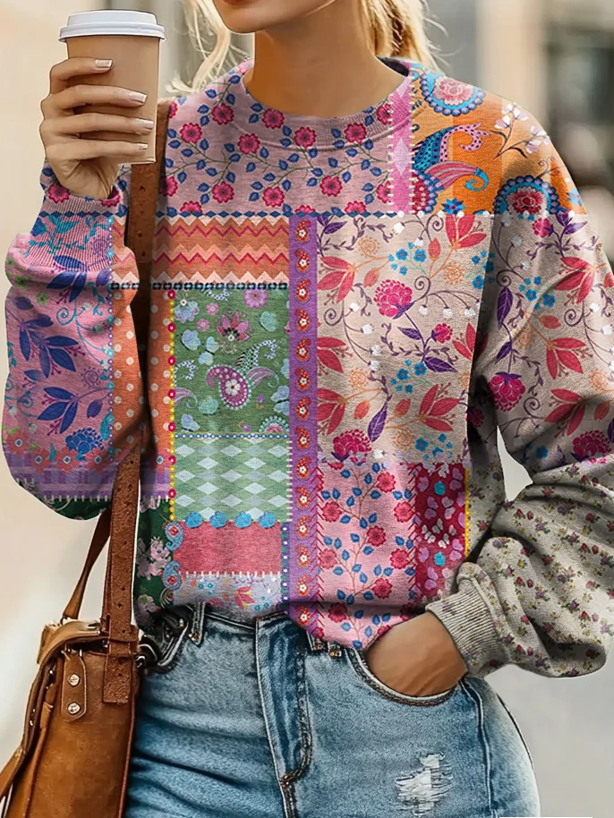 Floral Patchwork Art Print Casual Sweatshirt
