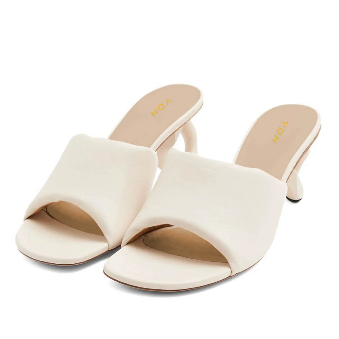 Simple Ivory Vegan Leather Open Toe Sculptural Heel Mules Shoes