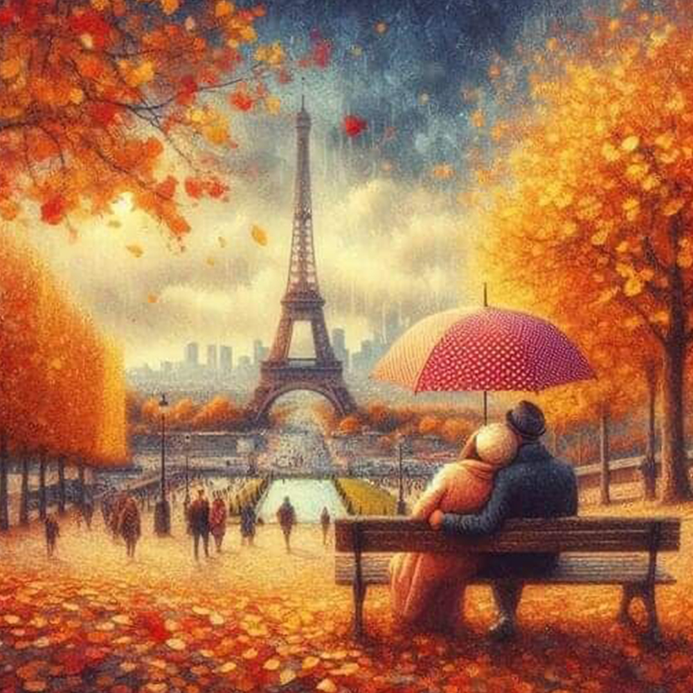 Autumn Leaves Under The Eiffel Tower 40*40cm(canvas) full round drill diamond painting