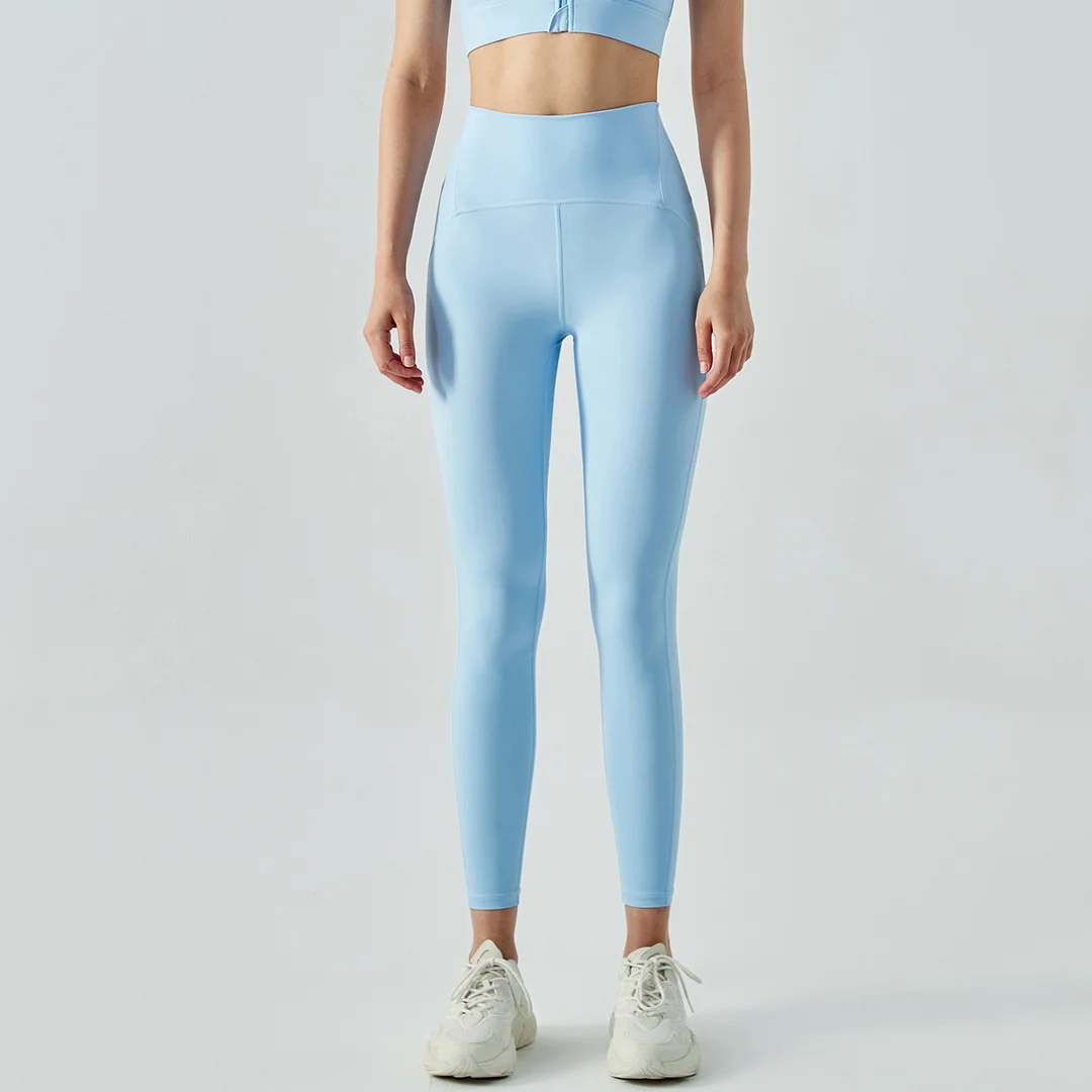 Hergymclothing Sky Blue anti-roll widened high waist butt lifting sustainable sports yoga leggings for sale