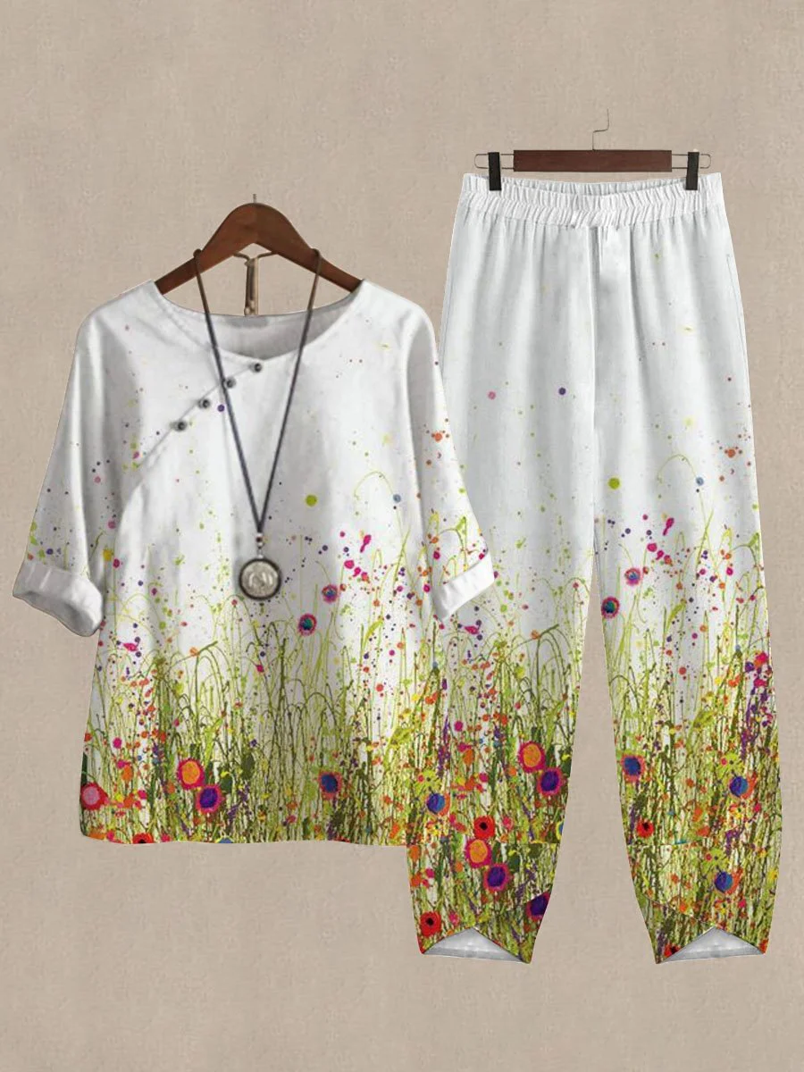 Women's Fashion Casual Summer Half Sleeve Printed Top Elastic Waist Crop Pants 2-Piece Set