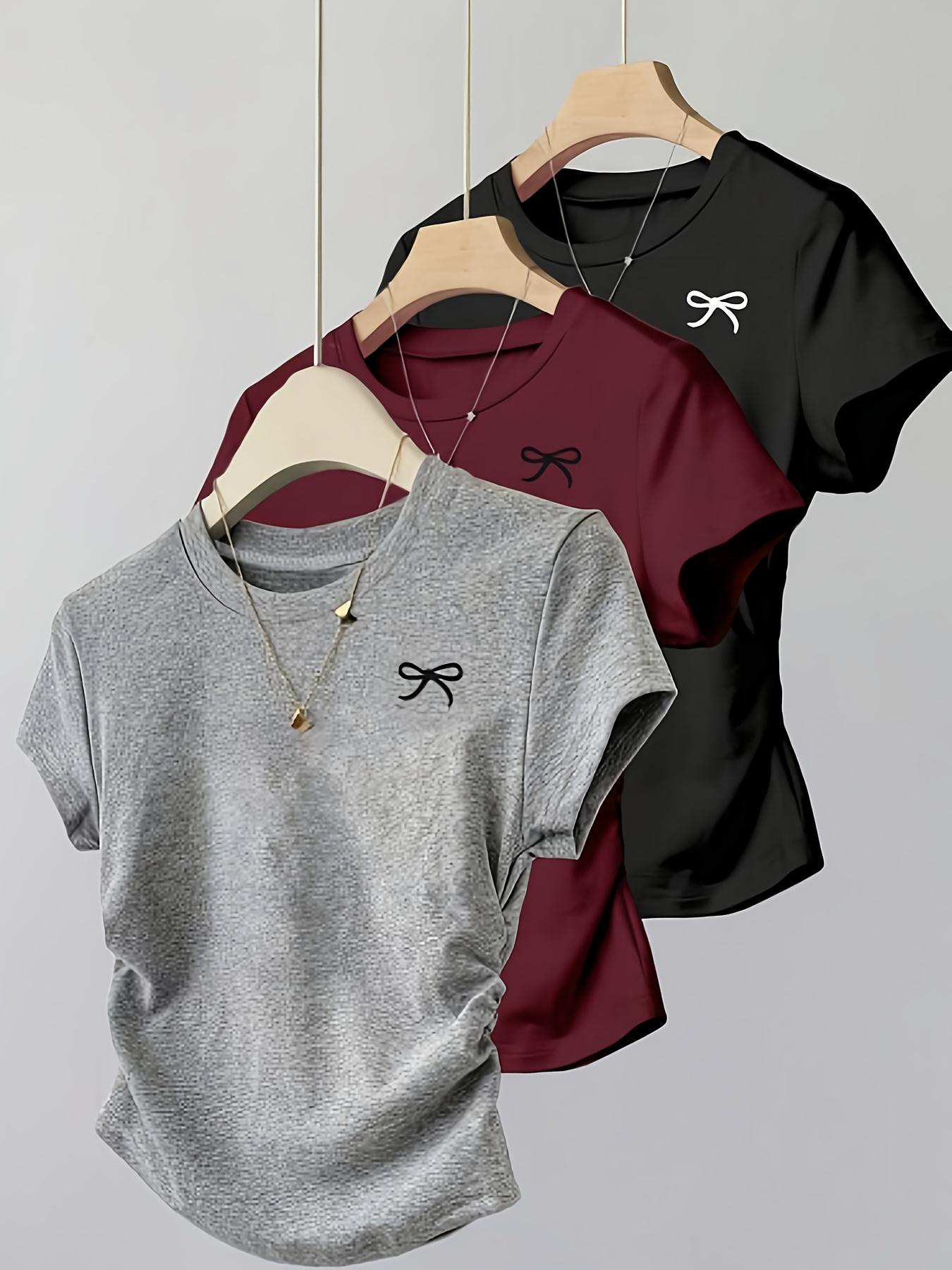 3pcs s' Pleated Round Neck Short Sleeve Bow Print Casual Versatile T-Shirt Top