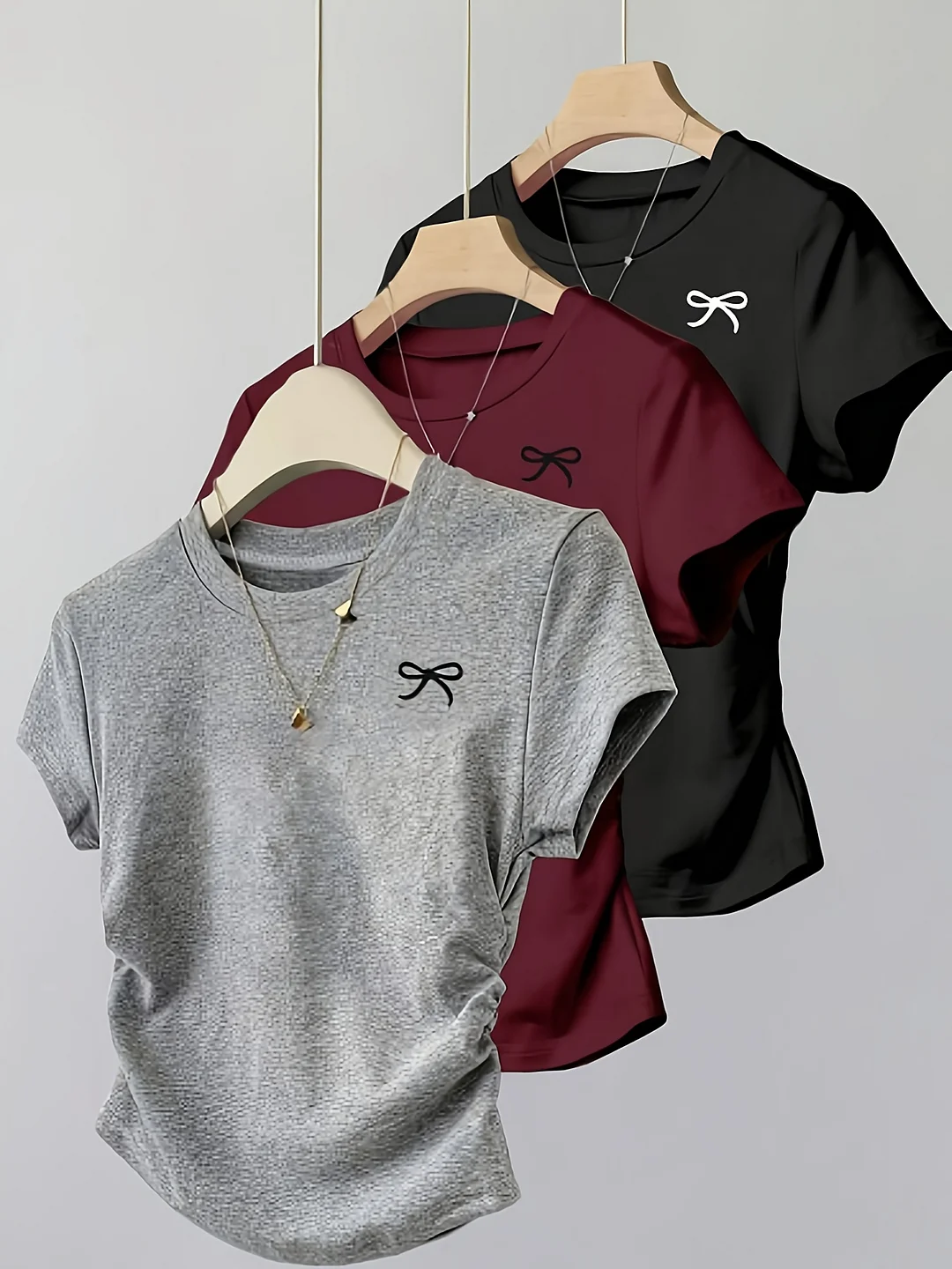 3pcs s' Pleated Round Neck Short Sleeve Bow Print Casual Versatile T-Shirt Top