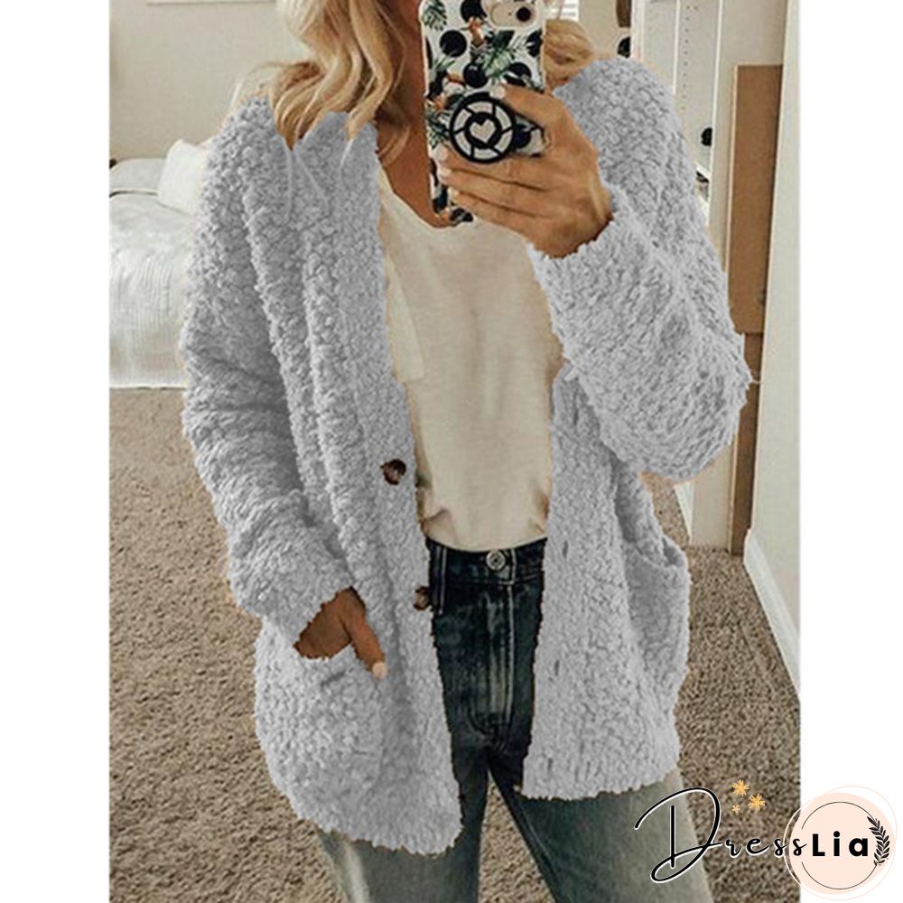 Women Winter Fashion Loose Long Sleeve Solid Color Plush Cardigan Sweater Coat Tops Button Casual Outwear XS-5XL