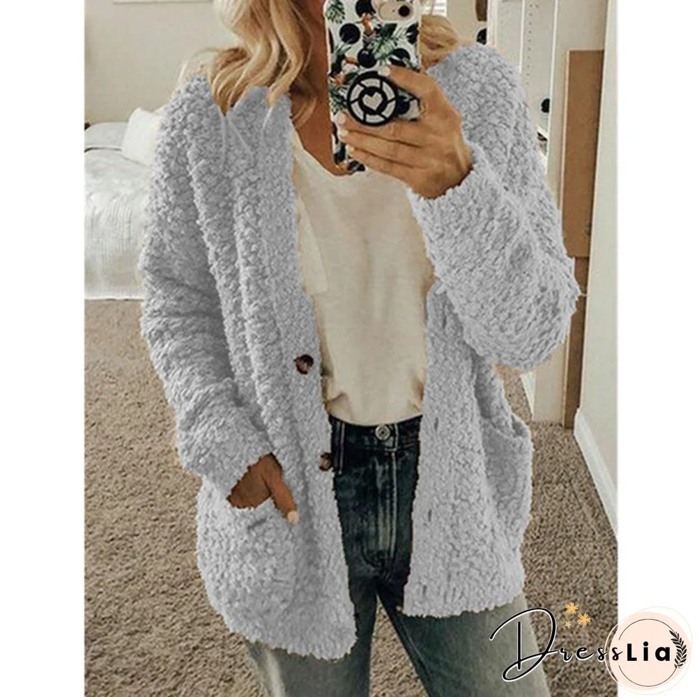 Women Winter Fashion Loose Long Sleeve Solid Color Plush Cardigan Sweater Coat Tops Button Casual Outwear XS-5XL