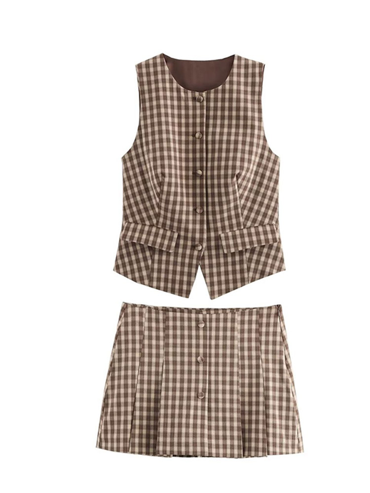 Yourtouchlock Elegant Plaid Vest Set – Office Sleeveless Button Tank + Mini Skirt  