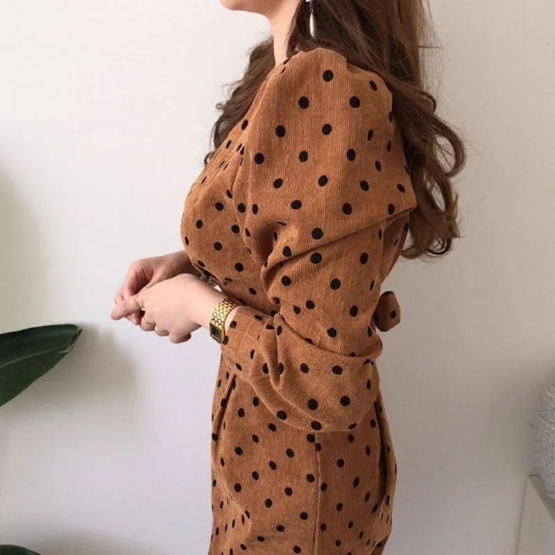 French Style Spring & Autumn Womens Casual Polka Dot Print A-Line Party Corduroy Dress