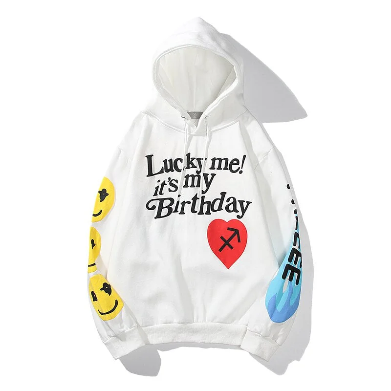 Kanye West Smiley Lucky Me Foam Letter Flame Hoodies Men and Women Stranger Things Oversize Loose Sweatshirt Hooded Casual Hoody