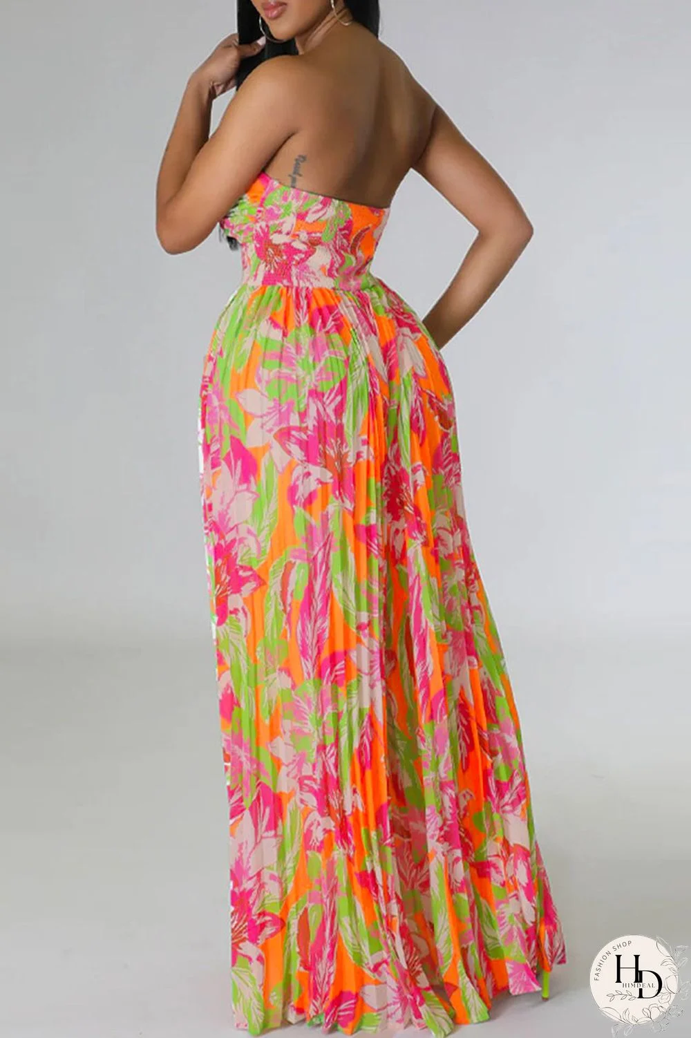 Tangerine Red Sexy Print Patchwork Strapless Straight Jumpsuits