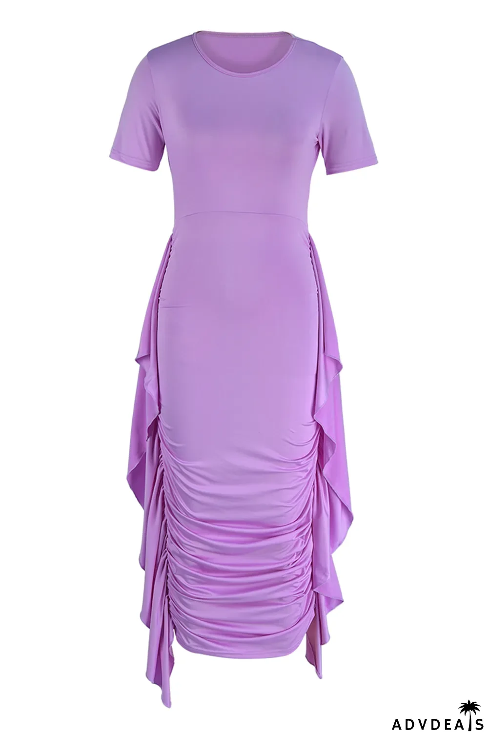 Brown Fashion Solid Flounce Fold O Neck Pencil Skirt Dresses