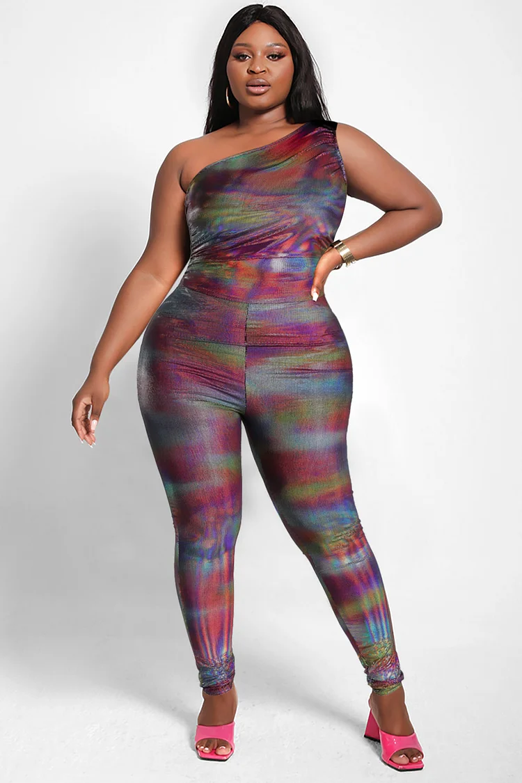 Xpluswear Design Plus Size Party Jumpsuit Multicolor One Shoulder Slim Fit Glitter Jumpsuit [Pre-Order]