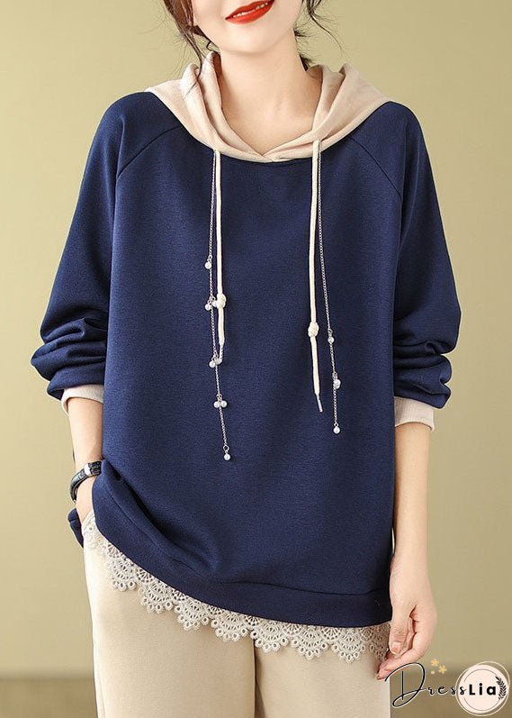 Italian Navy Blue Drawstring Lace Patchwork Fleece Hoodie Sweatshirts Long Sleeve