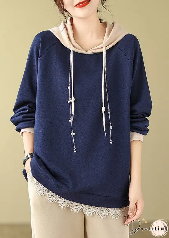 Italian Navy Blue Drawstring Lace Patchwork Fleece Hoodie Sweatshirts Long Sleeve
