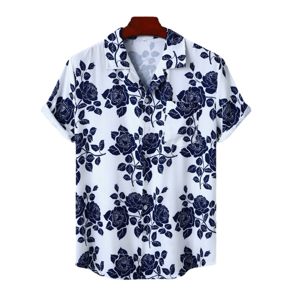 Rose Print Lapel White Casual Hawaiian Short Sleeve Shirts