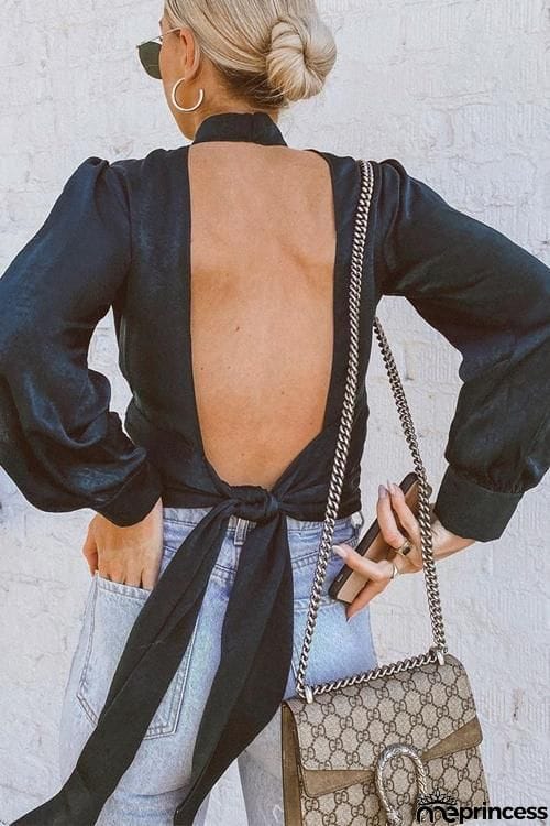 Cut Out Backless Lace Up Shirt