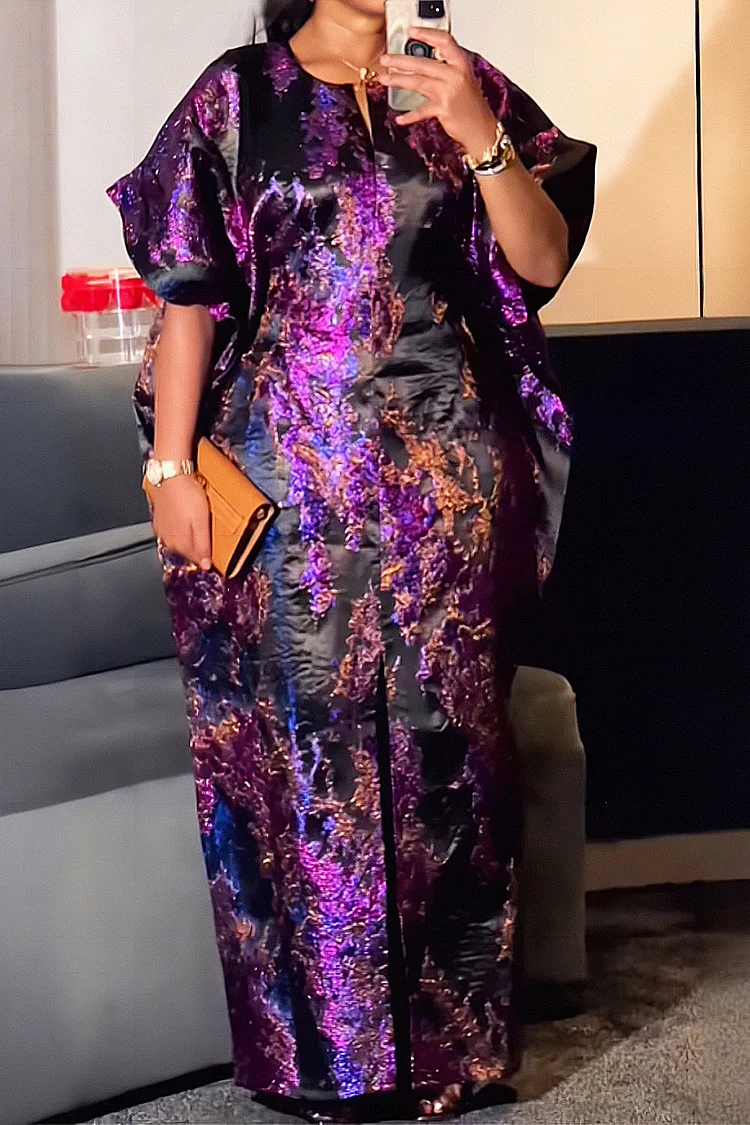 Plus Size Formal Purple Round Neck Short Sleeve Split Jacquard Maxi Dresses [Pre-Order]